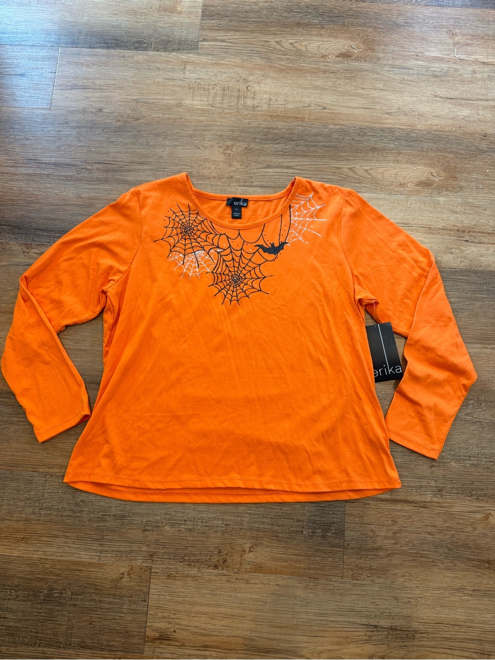 Erika Bright Orange Long-Sleeve Tee with Spiderweb & Bat Accent